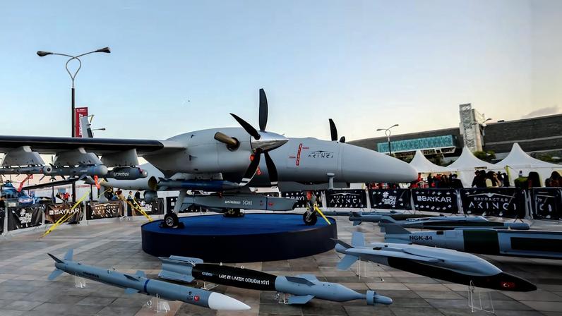 A Bayraktar Akinci drone is exhibited at an aerospace and technology festival in Baku