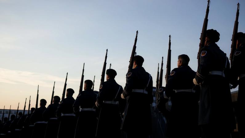 Members of the military honour guard march, on the day of a meeting between German Defence Minister Boris Pistorius and European Commissioner for Defence and Space Andrius Kubilius in Berlin, Germany, February 10, 2025.