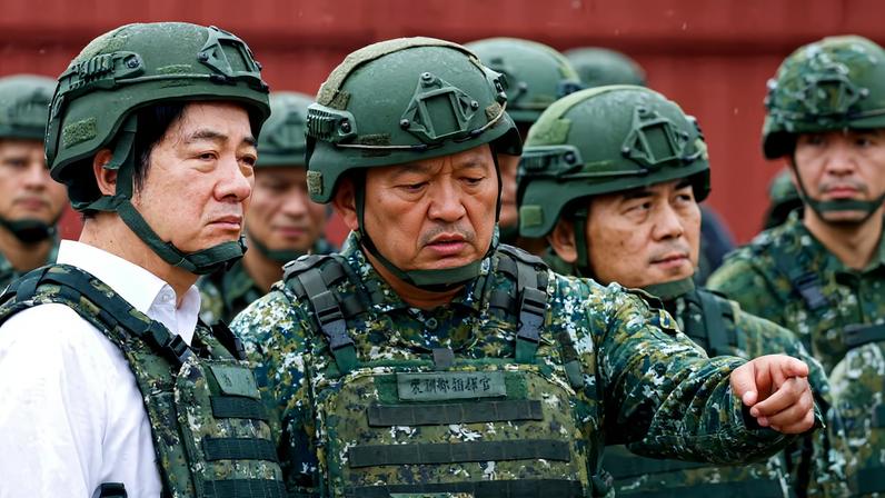 A soldier speaks to Taiwan's President Lai Ching-te in Hsinchu