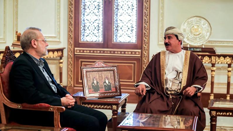 Secretary of the National Security Council, Ali Larijani meets with the Minister of the Royal Office in the Sultanate of Oman, Sultan bin Mohammed al Numani, in Muscat, Oman, February 10, 2026.