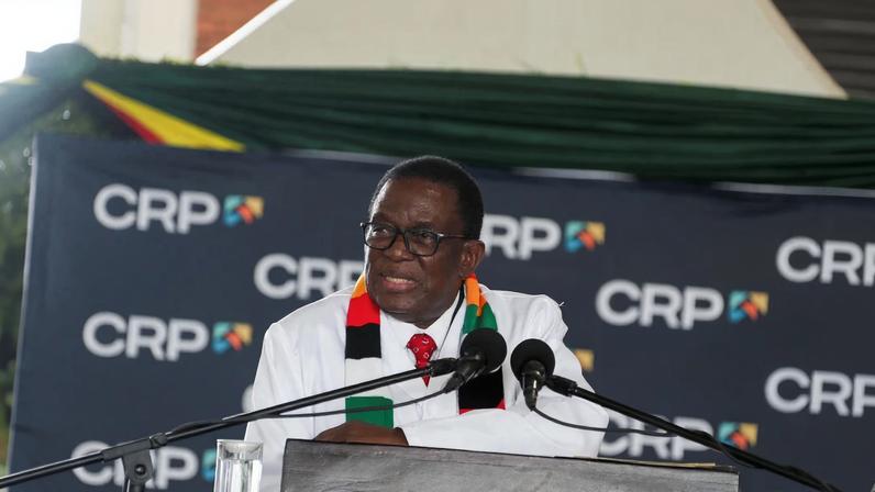 Zimbabwe's President Emmerson Mnangagwa delivers his speech during the commissioning of a tobacco processing plant at Cut Rag Processors (CRP) in Harare, Zimbabwe, November 19, 2025.