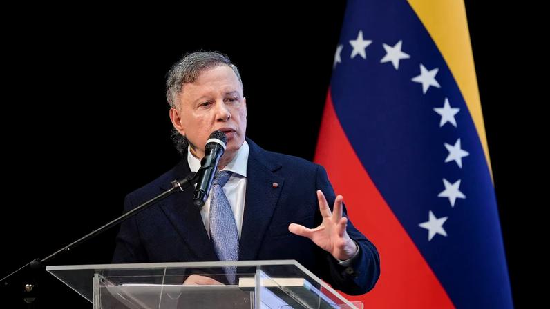 Venezuela's Attorney General Tarek William Saab speaks during a meeting of jurists advocating for the liberation of ousted President Nicolas Maduro and his wife, Cilia Flores, following their...
