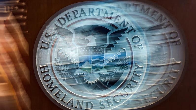 A view shows the U.S. Department of Homeland Security signage in New York City