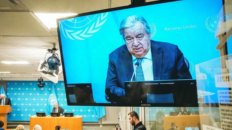 United Nations Secretary-General Antonio Guterres is seen on a screen as he speaks during a press conference outlining his priorities for 2026 at U.N. headquarters in New York City, U.S., January 29, 2026.