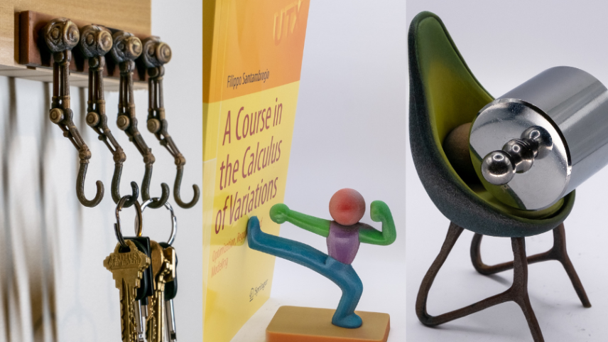 A golden keyholder; a bookend in the shape of a kung fu fighter; and a small bucket chair resembling an avocado with a metal cylinder on it.
