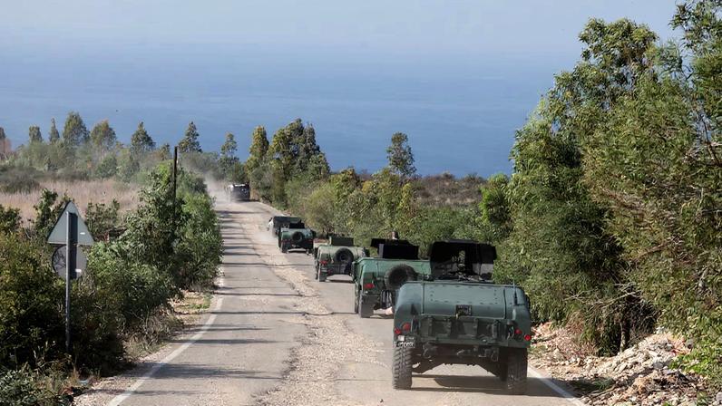 Lebanese army members drive military vehicles during a Lebanese army media tour, to review the army's operations in the southern Litani sector, in Naqoura, near the border with Israel, southern Lebanon, November 28, 2025. REUTERS/Aziz Taher/File Photo