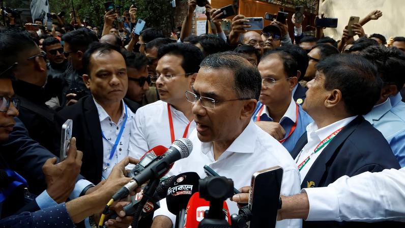 Bangladesh Nationalist Party (BNP) Chairman Tarique Rahman speaks with the media after voting, outside a polling station during the national election in Dhaka, Bangladesh, February 12, 2026.