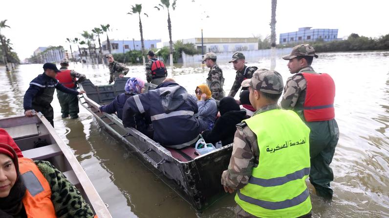 Royal Armed Forces and civil authorities work together to address flooding risks amid rising waters in the Loukkos River, in Ksar El Kebir, Morocco February 2, 2026. Moroccan authorities/Handout via REUTERS