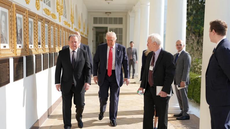 U.S. President Donald Trump and his Colombian counterpart Gustavo Petro walk together at the White House, in Washington D.C.