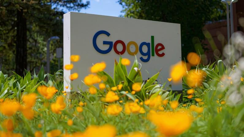 A Google logo is seen at a company research facility in Mountain View, California