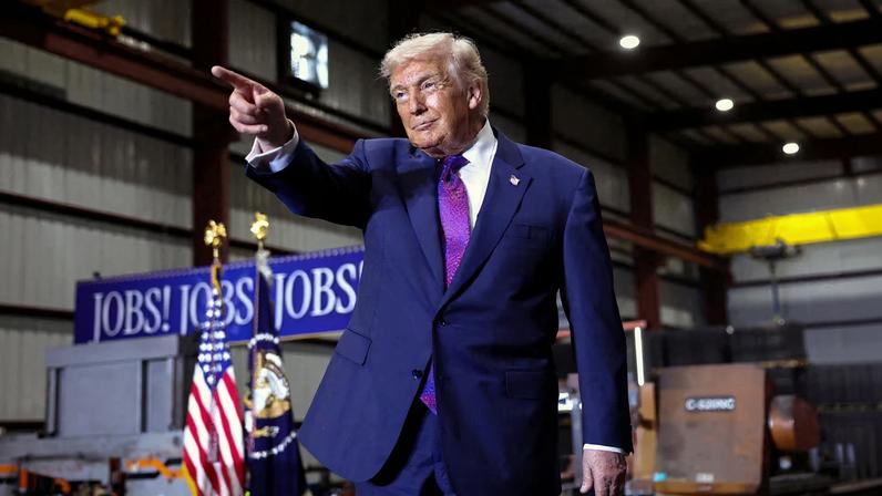 U.S. President Donald Trump points, as he visits Coosa Steel Corporation, in Rome, Georgia, U.S., February 19, 2026. REUTERS/Kevin Lamarque/File Photo