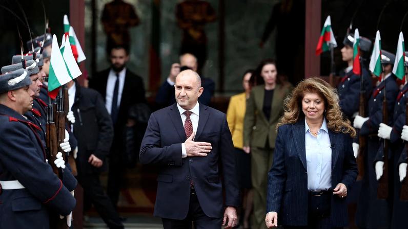 Outgoing Bulgarian President Rumen Radev reacts next to President Iliana Iotova as he leaves the Presidency to officialy step down, in Sofia, Bulgaria, January 23, 2026. REUTERS/Stoyan Nenov/File Photo