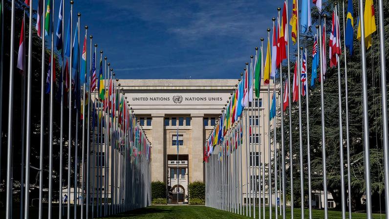 The flag alley at the United Nations European headquarters is seen during the Human Rights Council in Geneva, Switzerland, September 11, 2023. REUTERS/Denis Balibouse/File Photo