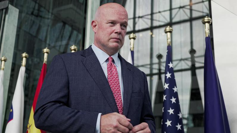 U.S. Ambassador to NATO Matthew Whitaker speaks during an interview with Reuters at NATO headquarters in Brussels, Belgium, August 4, 2025. REUTERS/Marta Fiorin