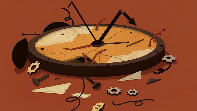 Ilustração, em fundo marrom, de um relógio quebrado com suas engrenagens espalhadas ao redor.