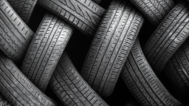 Imagem de diversos pneus usados amontoados em zigue-zague.