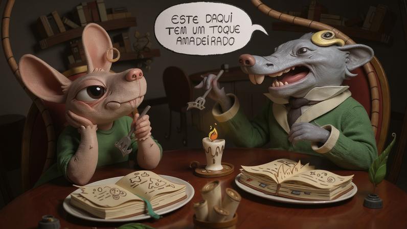 Ilustração cômica de um casal de ratos bem vestidos, sentados a mesa de um restaurante, saboreando folhas de livros. O rato faz uma avaliação do tempero das folhas enquanto é observado pela rata.