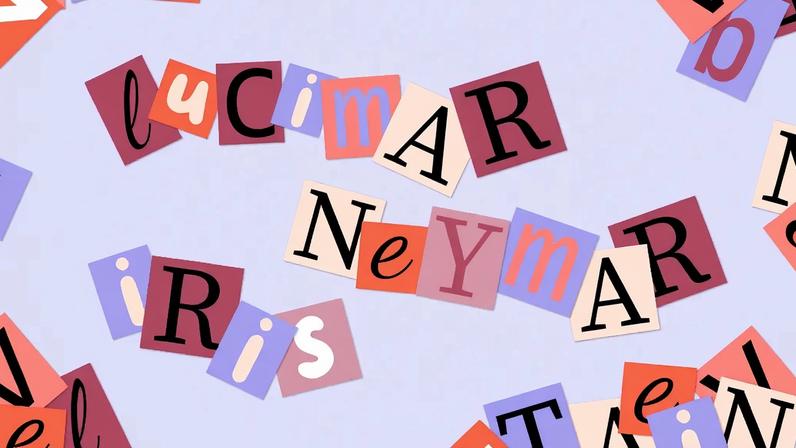 Imagem de letras espalhadas num fundo azul formando os nomes Lucimar, Neymar e Iris.