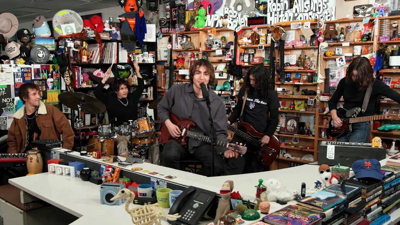 Geese performing on NPR's Tiny Desk concert series.