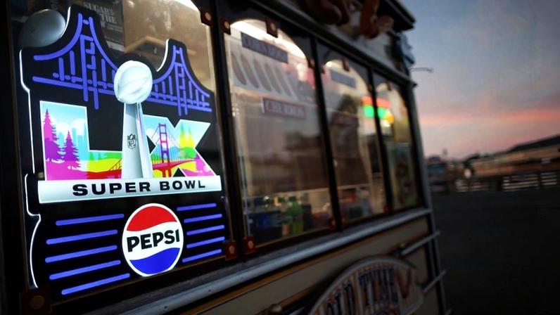 A view of Super Bowl LX signage at Pier 39 in San Francisco on Feb. 4.