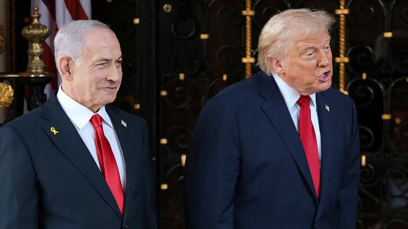 U.S. President Donald Trump speaks next to Israeli Prime Minister Benjamin Netanyahu upon arrival for meetings at Trump's Mar-a-Lago club in Palm Beach, Florida, U.S., December 29, 2025.