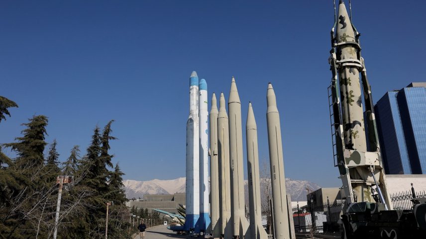 Iranian missiles are displayed in a park in Tehran