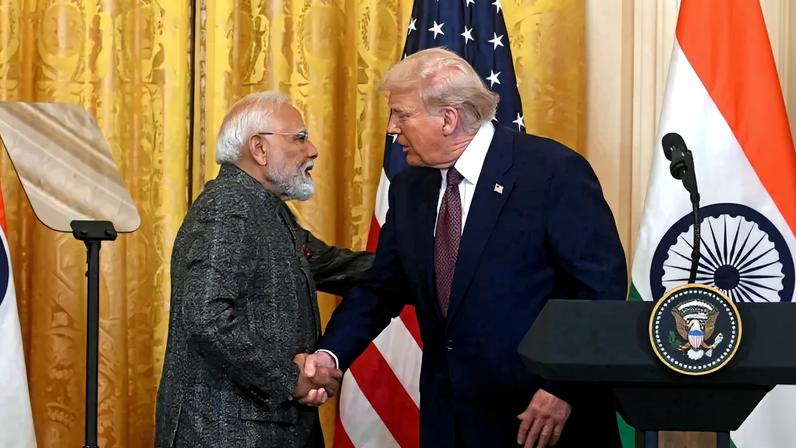 U.S. President Donald Trump shakes hands with Indian Prime Minister Narendra Modi during a joint press conference at the White House in Washington on Feb. 13, 2025.