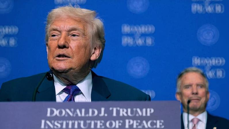 U.S. President Donald Trump attends the inaugural meeting of the Board of Peace in Washington on Feb. 19.