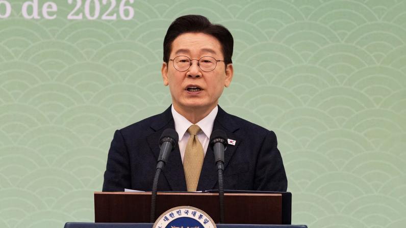 South Korean President Lee Jae Myung speaks next to Brazilian President Luiz Inacio Lula da Silva (not pictured) during their joint press conference after meeting at the presidential Blue House in Seoul, South Korea, February 23, 2026.