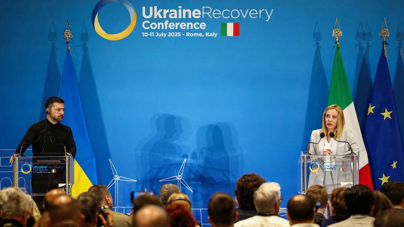 Italian Prime Minister Giorgia Meloni and Ukrainian President Volodymyr Zelenskiy attend a press conference on the first day of the two-day Ukraine Recovery Conference (URC2025), on plans for the reconstruction of Ukraine, in Rome, Italy, July 10, 2025.
