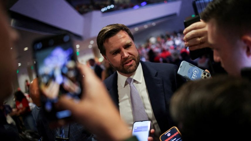 U.S. Senator J. D. Vance (R-OH) speaks to the media before a Turning Point USA event at the Dream City Church in Phoenix