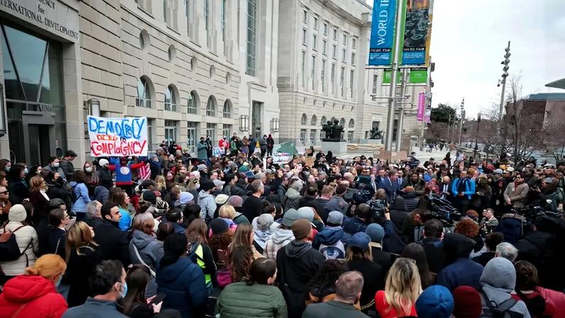 Protesters gather outside the U.S. Agency for International Development headquarters in Washington on Feb. 3, 2025.
