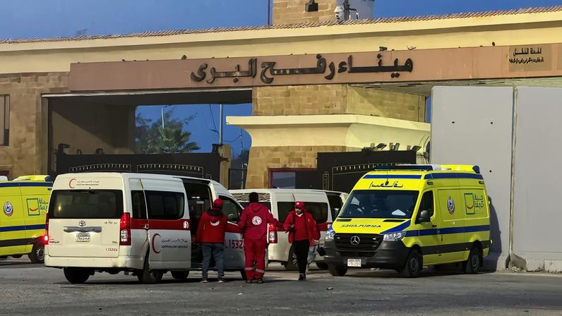 Egyptian ambulances go through the Rafah border crossing on the Egyptian side in Rafah, Egypt, February 10, 2026. Picture taken with a mobile phone. REUTERS/Stringer/File Photo