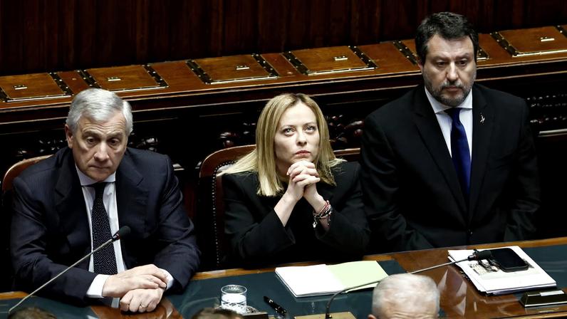 Italian Prime Minister Giorgia Meloni, Foreign Minister Antonio Tajani, Deputy Prime Minister Matteo Salvini and members of the Parliament attend a commemoration for Pope Francis during a joint session of the Italian parliament in Rome, Italy, April 23, 2025. REUTERS/Matteo Minnella/File Photo
