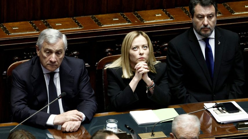 Italian Prime Minister Giorgia Meloni, Foreign Minister Antonio Tajani, Deputy Prime Minister Matteo Salvini and members of the Parliament attend a commemoration for Pope Francis during a joint session of the Italian parliament in Rome, Italy, April 23, 2025.