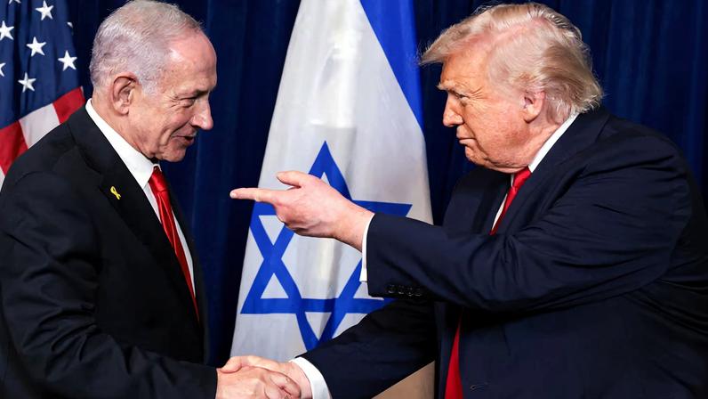 U.S. President Donald Trump points his finger towards Israeli Prime Minister Benjamin Netanyahu as they shake hands during a press conference after meeting at Trump’s Mar-a-Lago club in Palm Beach, Florida, U.S., December 29, 2025.