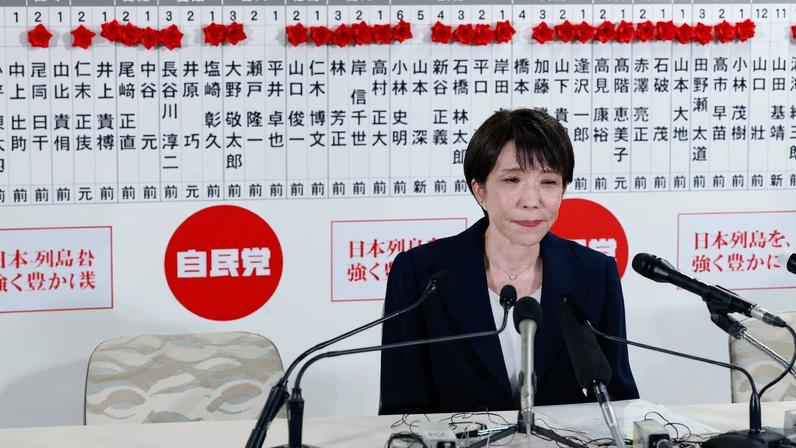 Japan's Prime Minister Sanae Takaichi, leader of the ruling Liberal Democratic Party (LDP), during an interview with local media in front of a board displaying the names of LDP candidates, at the LDP headquarters on general election day in Tokyo, Japan, February 8, 2026.
