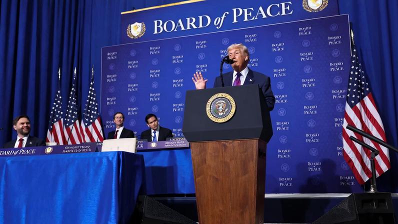 U.S President Donald Trump speaks at the inaugural Board of Peace meeting at the U.S. Institute of Peace in Washington, D.C., U.S., February 19, 2026. REUTERS/Kevin Lamarque