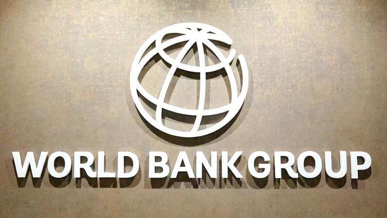 The World Bank Group logo is displayed on a office wall at the International Finance Corporation (IFC) in Karachi