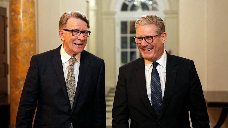British Prime Minister Keir Starmer talks with Britain's ambassador to the United States Peter Mandelson during a welcome reception at the ambassador's residence on February 26, 2025, in Washington, DC, U.S. Carl Court/Pool via REUTERS/File Photo