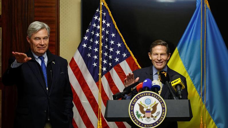 U.S. Senators Richard Blumenthal (D-CT) and Sheldon Whitehouse (D-RI) speak to the media after their meeting with Ukraine's President Volodymyr Zelenskiy, amid Russia's attack on Ukraine, in Kyiv, Ukraine February 16, 2026.