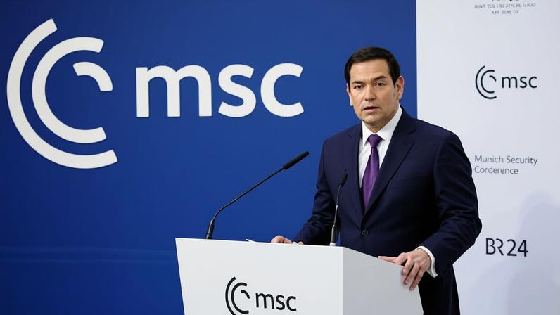 El secretario de Estado de EE UU, Marco Rubio, durante su intervención este sábado.