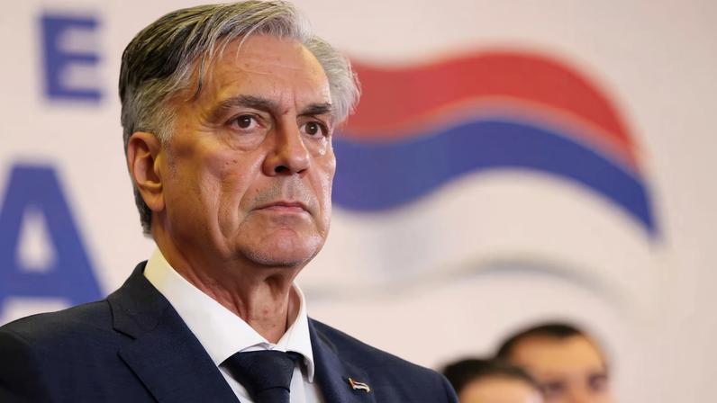 Sinisa Karan speaks at a press conference in Banja Luka