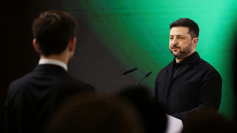 Ukrainian President Volodymyr Zelenskiy speaks during the Munich Security Conference (MSC) in Munich, Germany, February 14, 2026. REUTERS/Liesa Johannssen