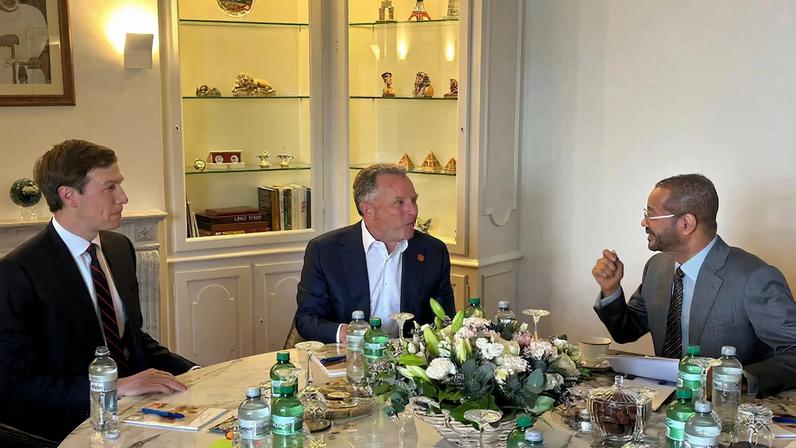 Oman's Foreign Minister Sayyid Badr Hamad Al Busaidi meets with U.S. Special Envoy Steve Witkoff and Jared Kushner, ahead of the indirect U.S.-Iran talks, in Geneva