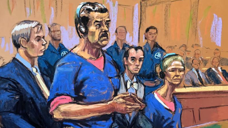 Venezuela's captured President Nicolas Maduro and his wife Cilia Flores attend their arraignment with defense lawyers Barry Pollack and Mark Donnelly to face U.S. federal charges including narco-terrorism, conspiracy, drug trafficking, money laundering and others, at the Daniel Patrick Moynihan United States Courthouse in Manhattan, New York City, U.S., January 5, 2026 in this courtroom sketch. REUTERS/Jane Rosenberg