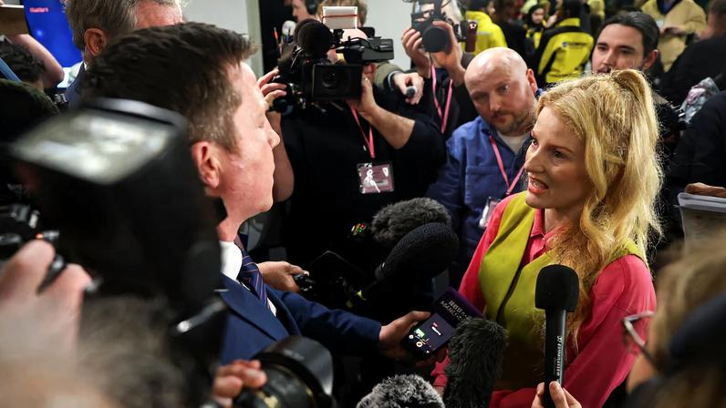 Green Party's candidate Hannah Spencer speaks to members of the media following her victory in the Gorton and Denton by-election, triggered by the resignation of Andrew Gwynne, at the Manchester Central Convention Complex in Manchester, Britain, February 27, 2026. REUTERS/Temilade Adelaja