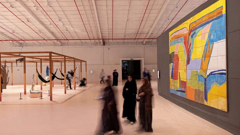 In Interludes and Transitions, Diriyah Contemporary Art Biennale 2026, installation view, left; Daniel Otero Torres, Echoes of the Earth (2026), right; Etel Adnan, Untitled (2020/2024). Photo by Alessandro Brasile, courtesy of the Diriyah Biennale Foundation.