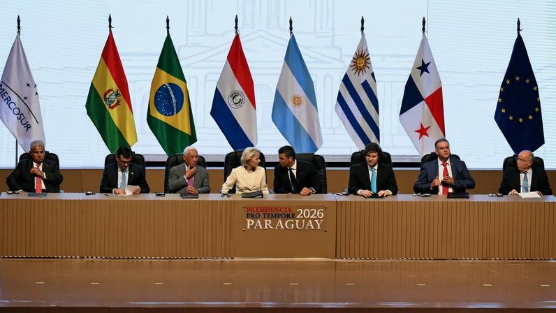 Líderes do Mercosul e da UE participam da assinatura do acordo histórico. — Foto: AFP