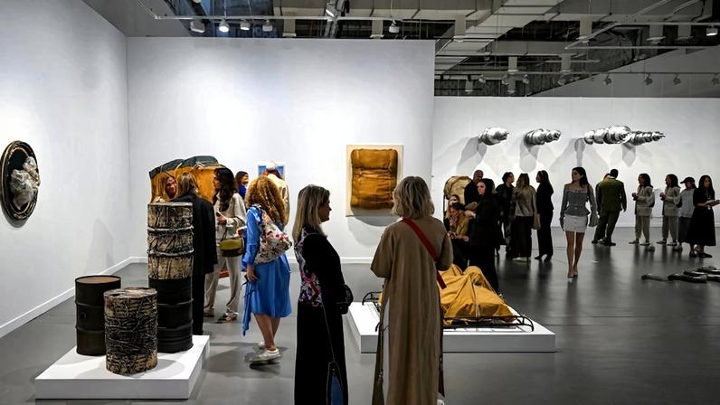Visitors tour during a presentation of early sculptural works of Bulgarian artist Christo Vladimirov Javacheff, also known as "Christo" during the inaugural edition of Art Basel Qatar in Doha on February 3.